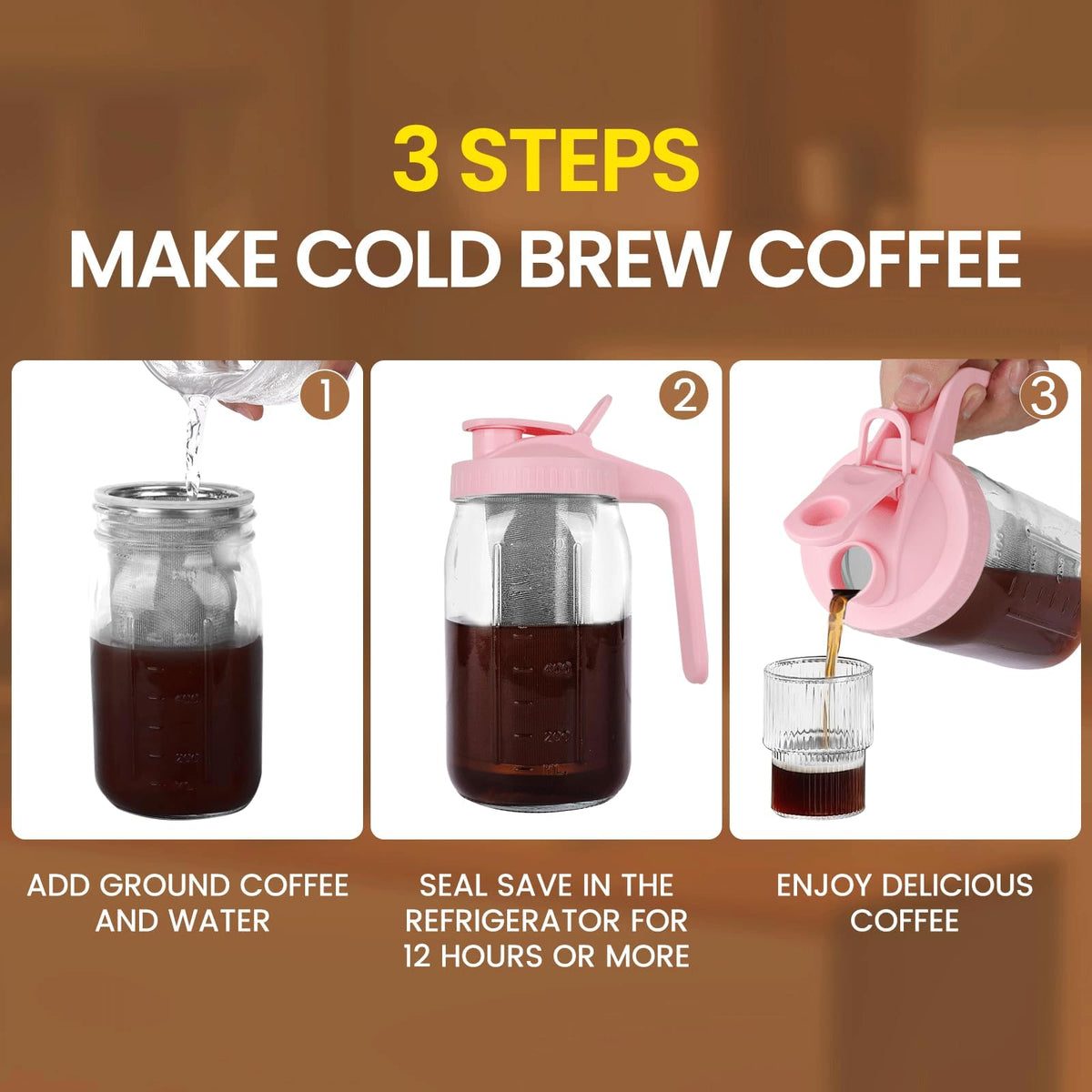 QHH airtight glass pitcher keeps drinks fresh in fridge.