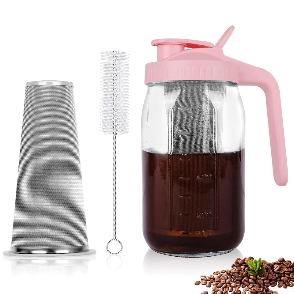 QHH cold brew 32oz mason jar pitcher with pour spout for easy pouring.