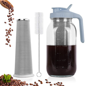 QHH cold brew coffee maker pitcher with 64oz capacity and pour spout for easy serving.