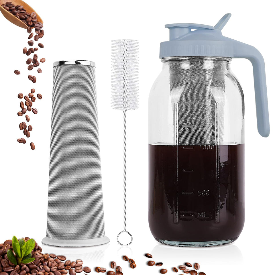 QHH cold brew coffee maker pitcher with 64oz capacity and pour spout for easy serving.
