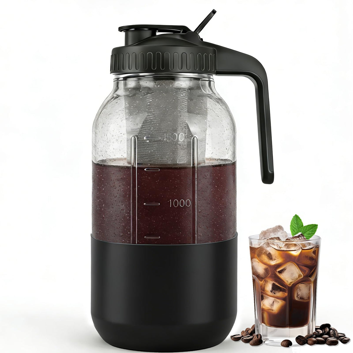 QHH cold brew pitcher 64oz with pour lid for easy serving