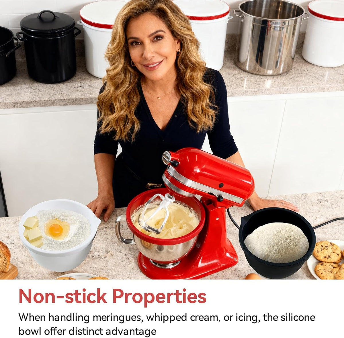 QHMENG silicone liner reduces mixer noise for quiet baking sessions.
