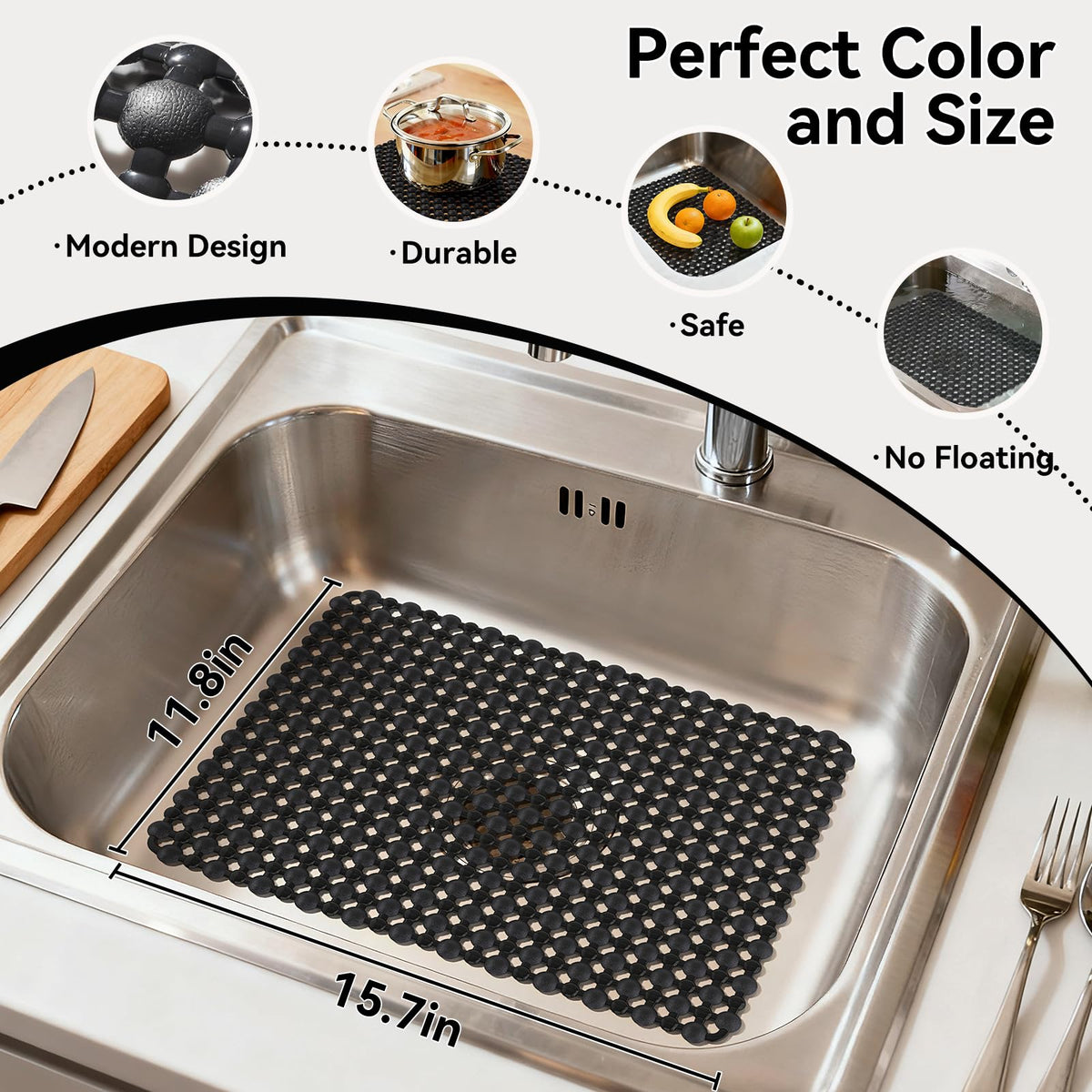 QiCaiJia sink mat in stainless steel sink showing bottom fit and protection