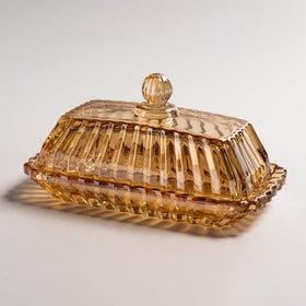 QIANCHANG champagne-color glass butter dish with lid on countertop for fresh butter