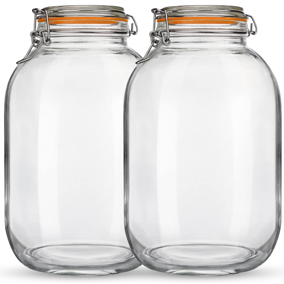Qianfenie glass jar with airtight lid demonstrates 1-gallon capacity for fresh storage.