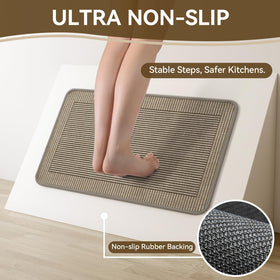 QiCaiJia non-slip kitchen mat with rubber backing stays in place during cooking.