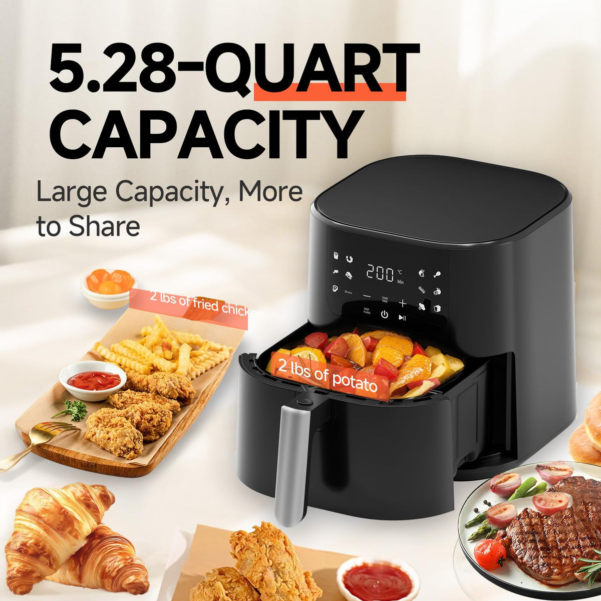 QIDO Air Fryer 5qt basket inside enables family-sized portions and even cooking.
