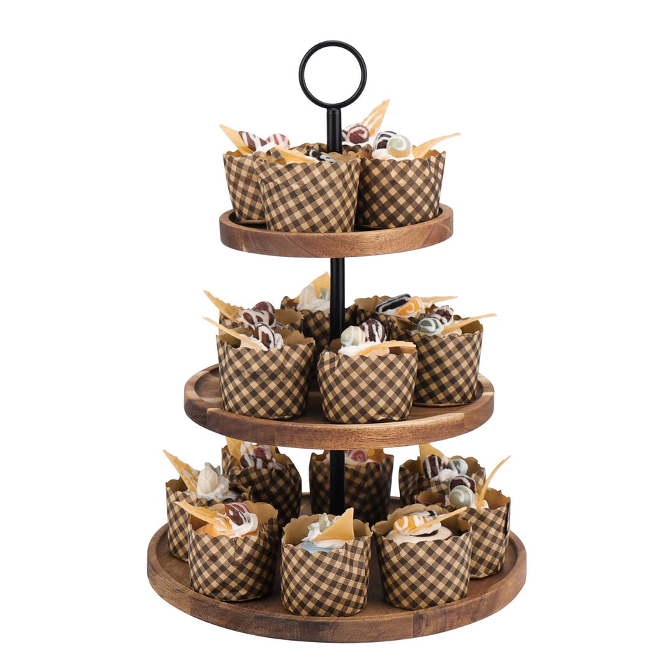 QIELSER 3-Tier Cupcake Stand wood grain highlights elegant dessert display for events