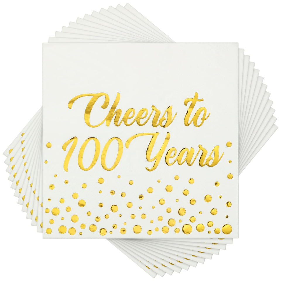 Qilery Cheers to 100 Years napkins pack for elegant celebration decor.