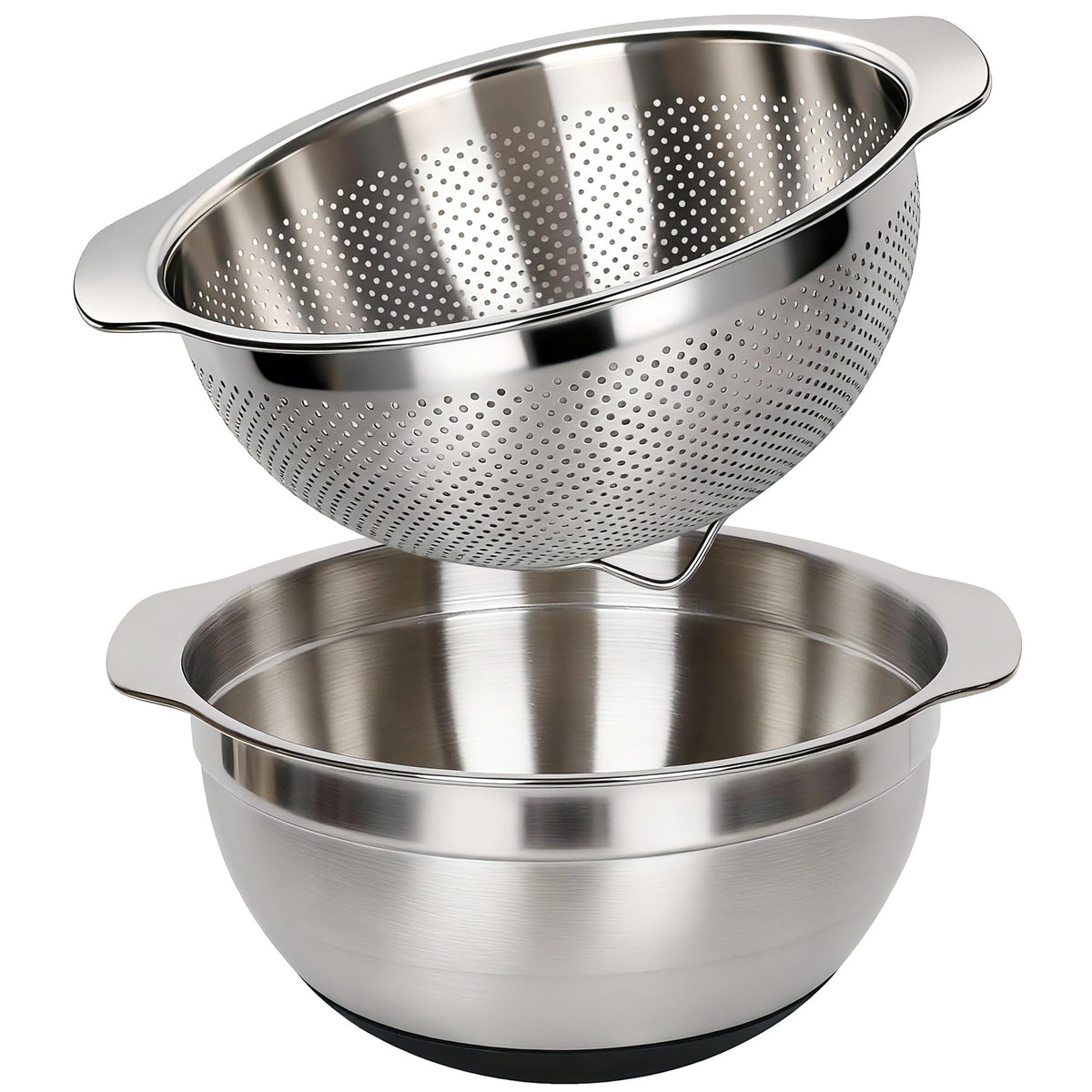QiMH 304 stainless steel colander with 2.5qt capacity for quick rinsing and draining.