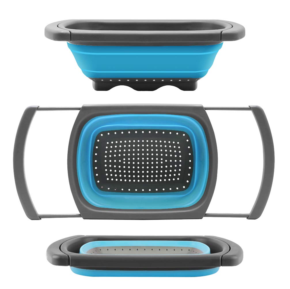 QiMH Colander collapsible over sink with extendable handles for easy draining.
