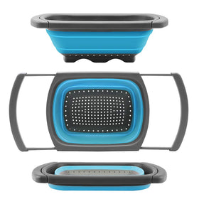 QiMH Colander collapsible over sink with extendable handles for easy draining.