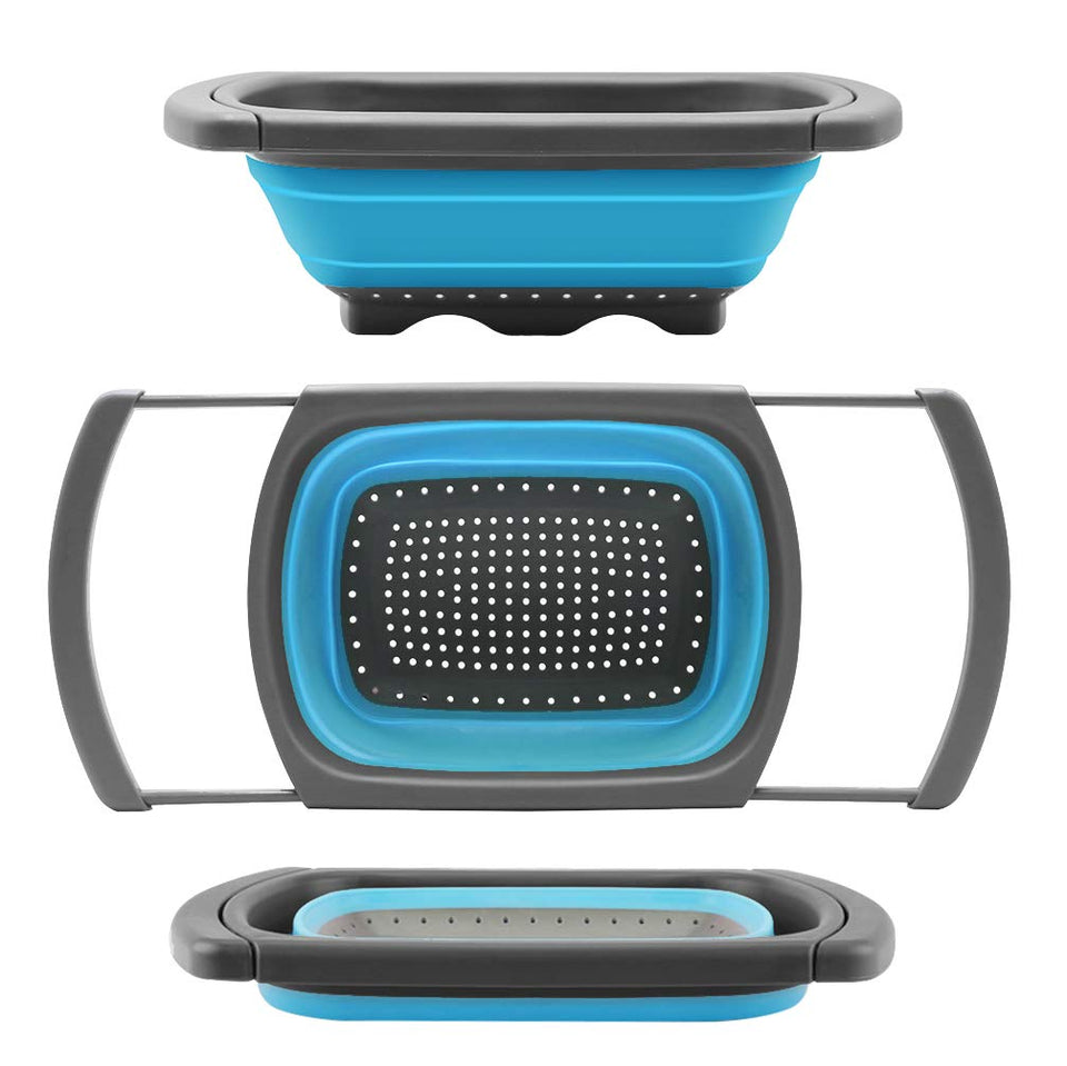 QiMH Colander collapsible over sink with extendable handles for easy draining.