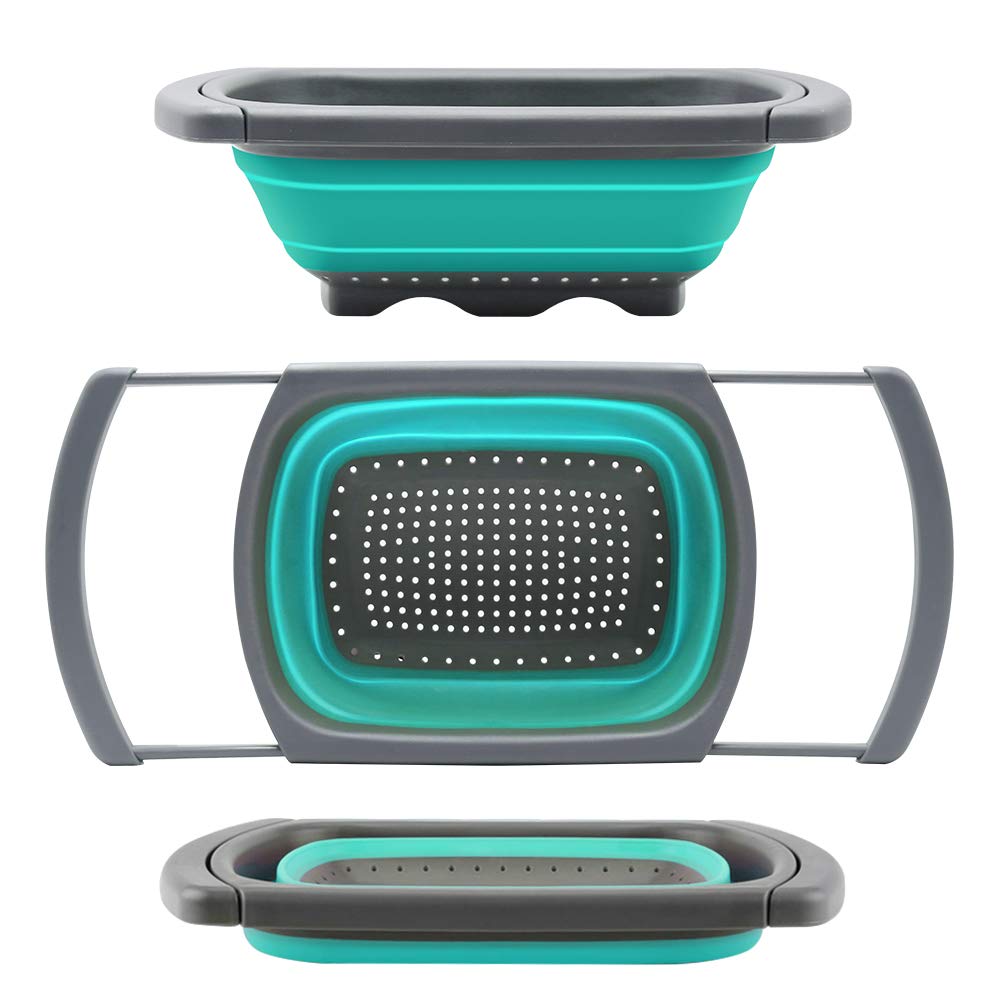 QiMH colander collapsible over-sink in use enables hands-free draining and space saving.