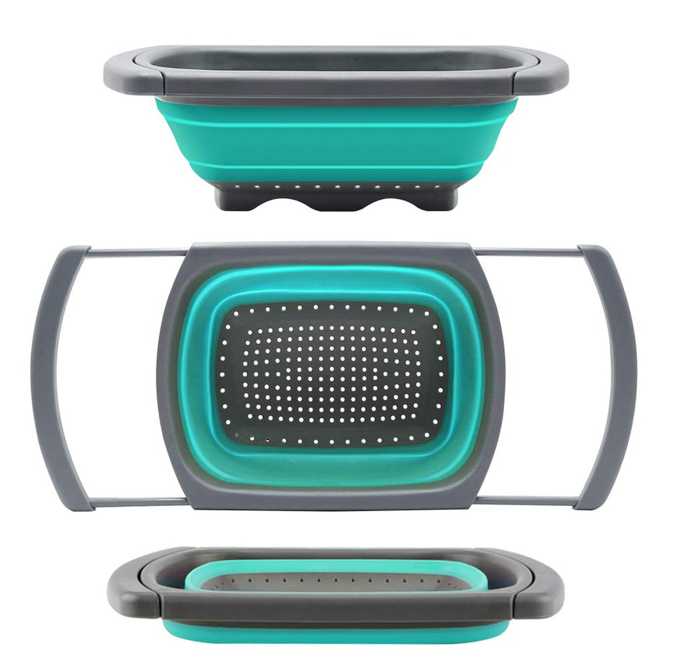 QiMH colander collapsible over-sink in use enables hands-free draining and space saving.