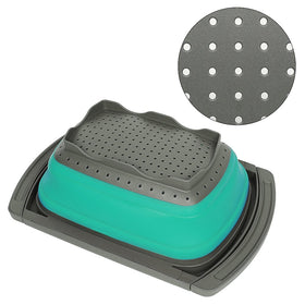 QiMH colander folded flat for compact storage keeps countertops clutter free.
