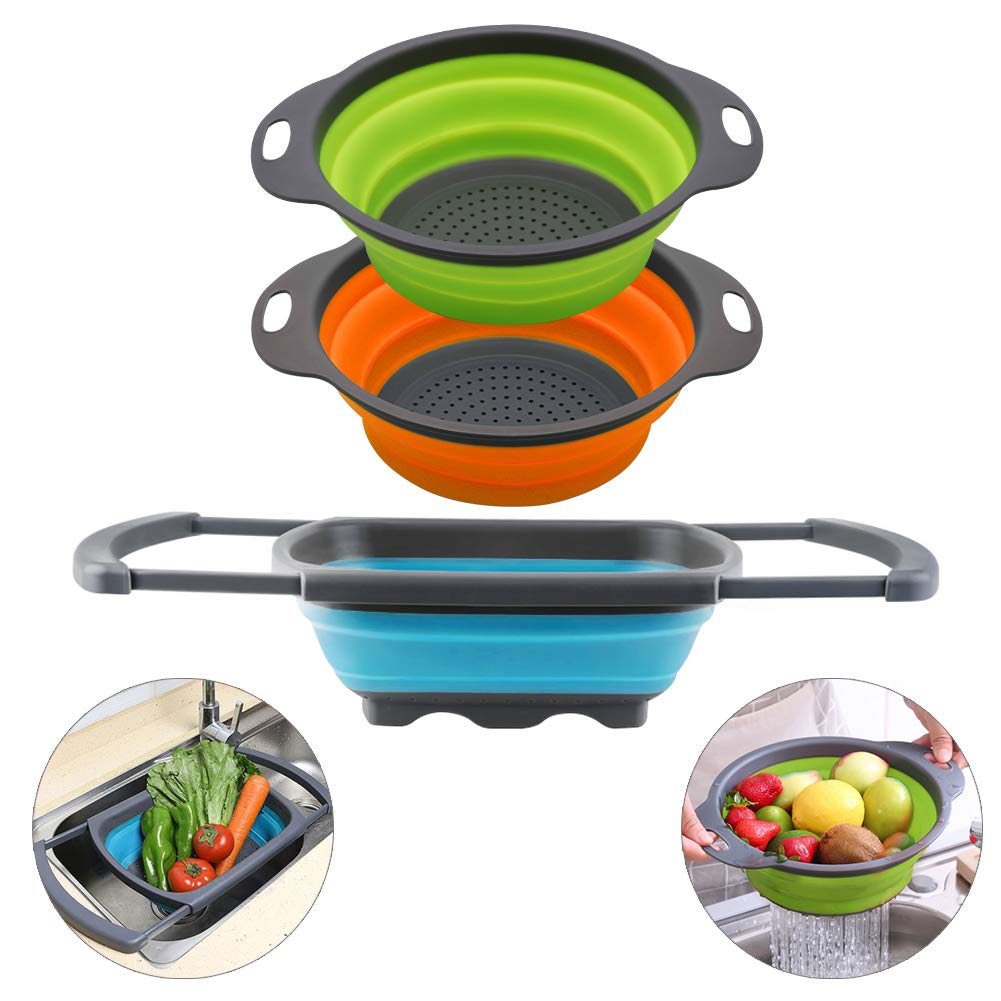 QiMH collapsible colander 4-quart pair in sink, space-saving draining.