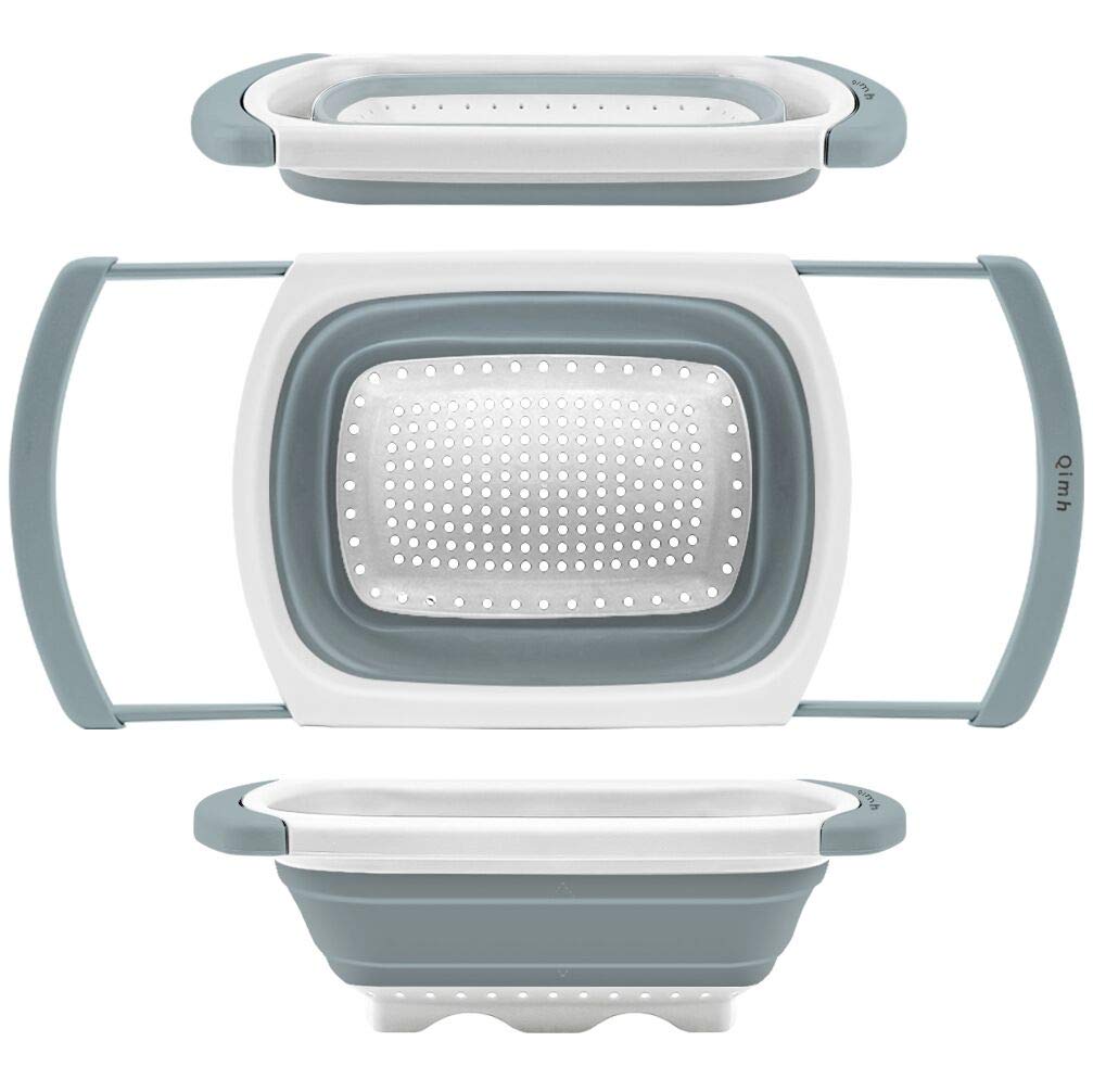 QiMH collapsible colander over-sink with extendable handles for easy rinsing of pasta and vegetables.