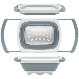 QiMH collapsible colander over-sink with extendable handles for easy rinsing of pasta and vegetables.