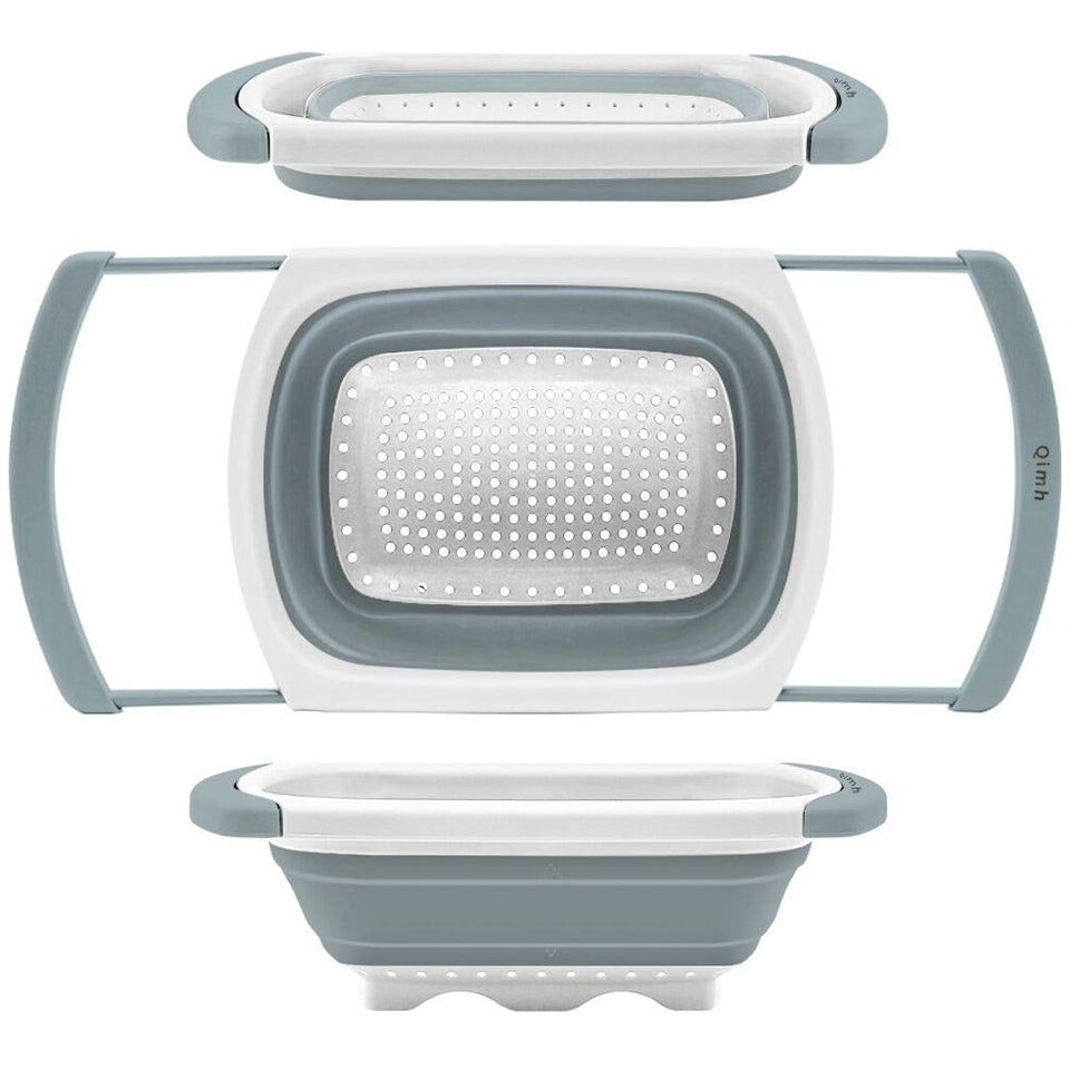 QiMH collapsible colander over-sink with extendable handles for easy rinsing of pasta and vegetables.