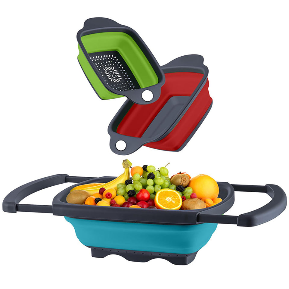 QiMH collapsible colander set over sink in use for quick rinsing and draining
