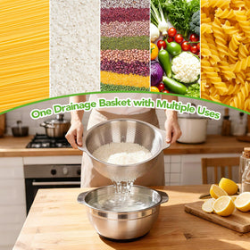 QiMH dishwasher-safe colander-bowl combo simplifies cleanup after cooking.