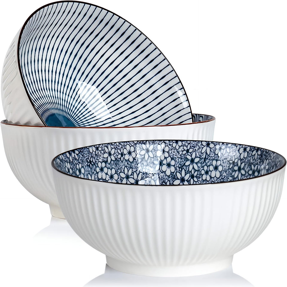QINLANG 60 oz pho bowl in blue and white porcelain for generous servings.