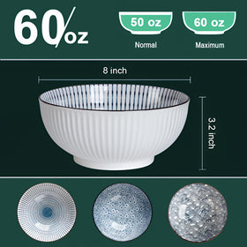 QINLANG eight inch ramen bowl in blue and white porcelain.