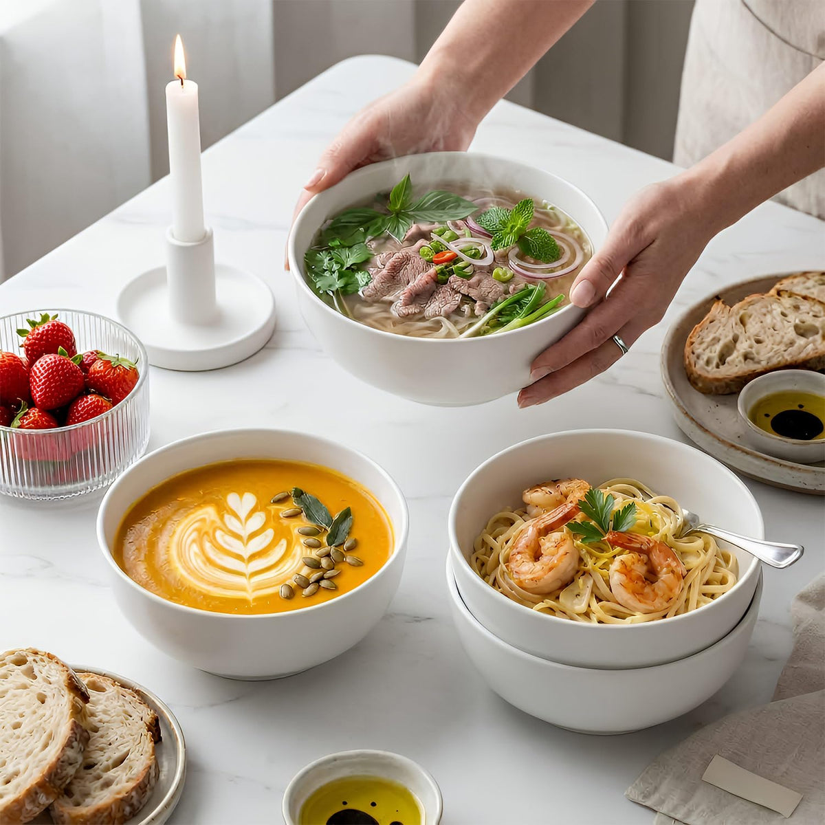 QINLANG off-white porcelain bowls perfect for salads and daily dishes.
