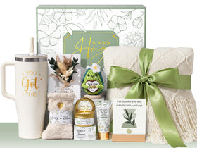 Qinline Mother's Day basket with soft knitted blanket for cozy recovery moments.