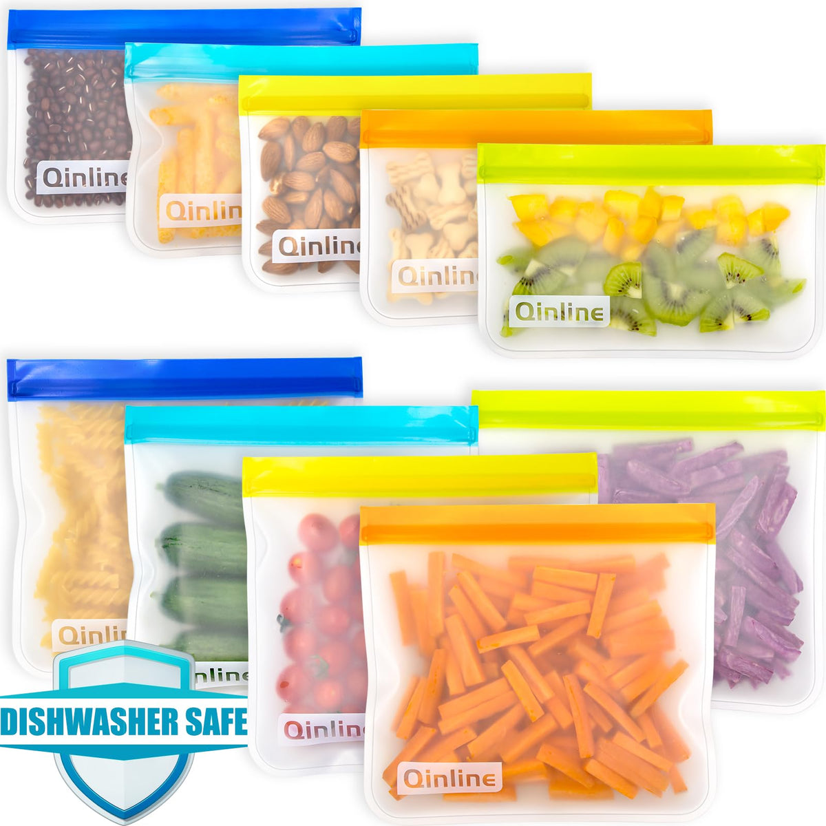 Qinline 10-pack PEVA reusable bags offer eco-friendly pantry storage.