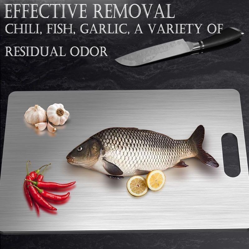QINOSHMO titanium cutting board resists scratches, protecting knives and countertops.