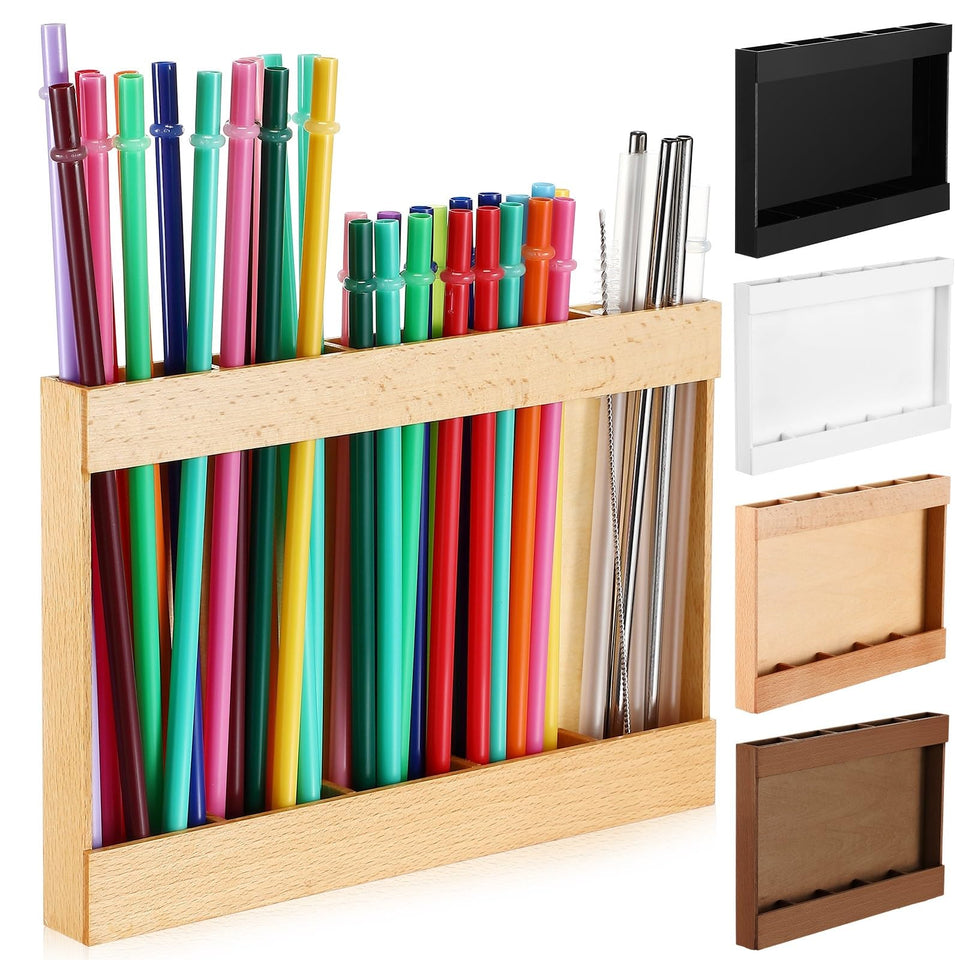 Qinyoung Beech wood straw holder mounted on a cabinet door for tidy storage