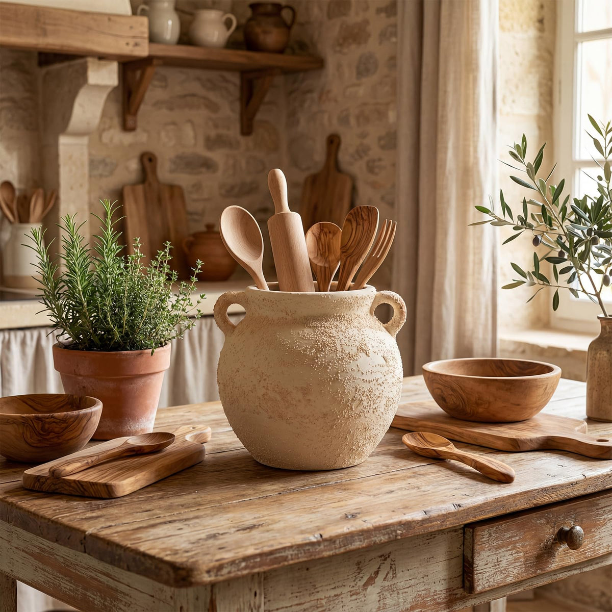 Qinyoung handcrafted kitchen essentials holder blends artistry with practical organization.