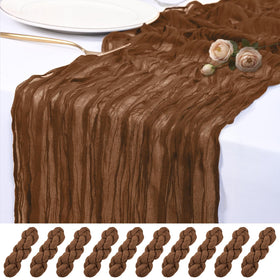 QINZOVAL brown cheesecloth table runner draped on a dining table for rustic elegance