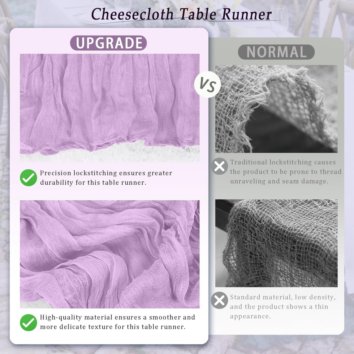 Wedding table setup with QINZOVAL lavender runners for a soft, boho ambiance.