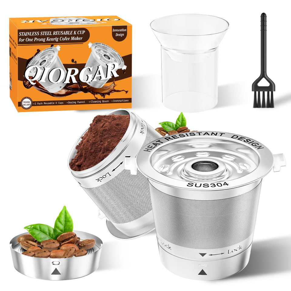 Qiorgar two-pack stainless steel K-cups for Keurig 1.0 enable durable, reusable brewing.