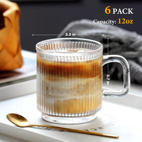 Qipecedm 12oz clear glass coffee mug with vertical stripes enhances table presentation.