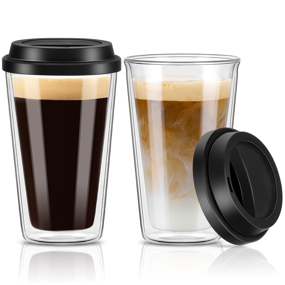 Qipecedm 2-pack double-wall glass mugs with 12 oz capacity for hot beverages.