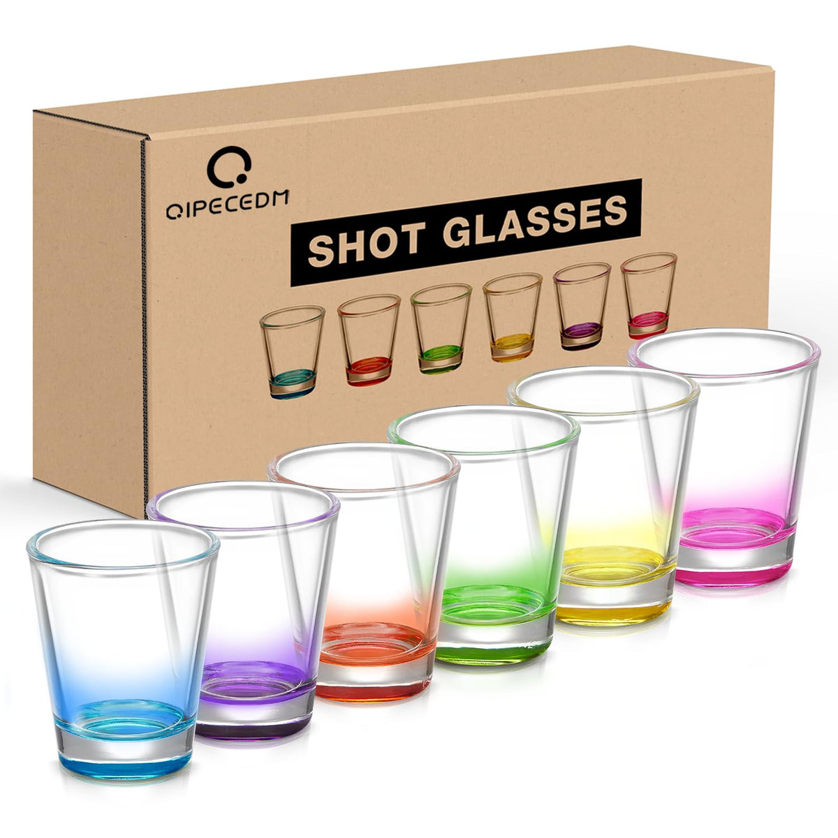 Qipecedm 6-pack shot glasses with a heavy base, side view for stability.