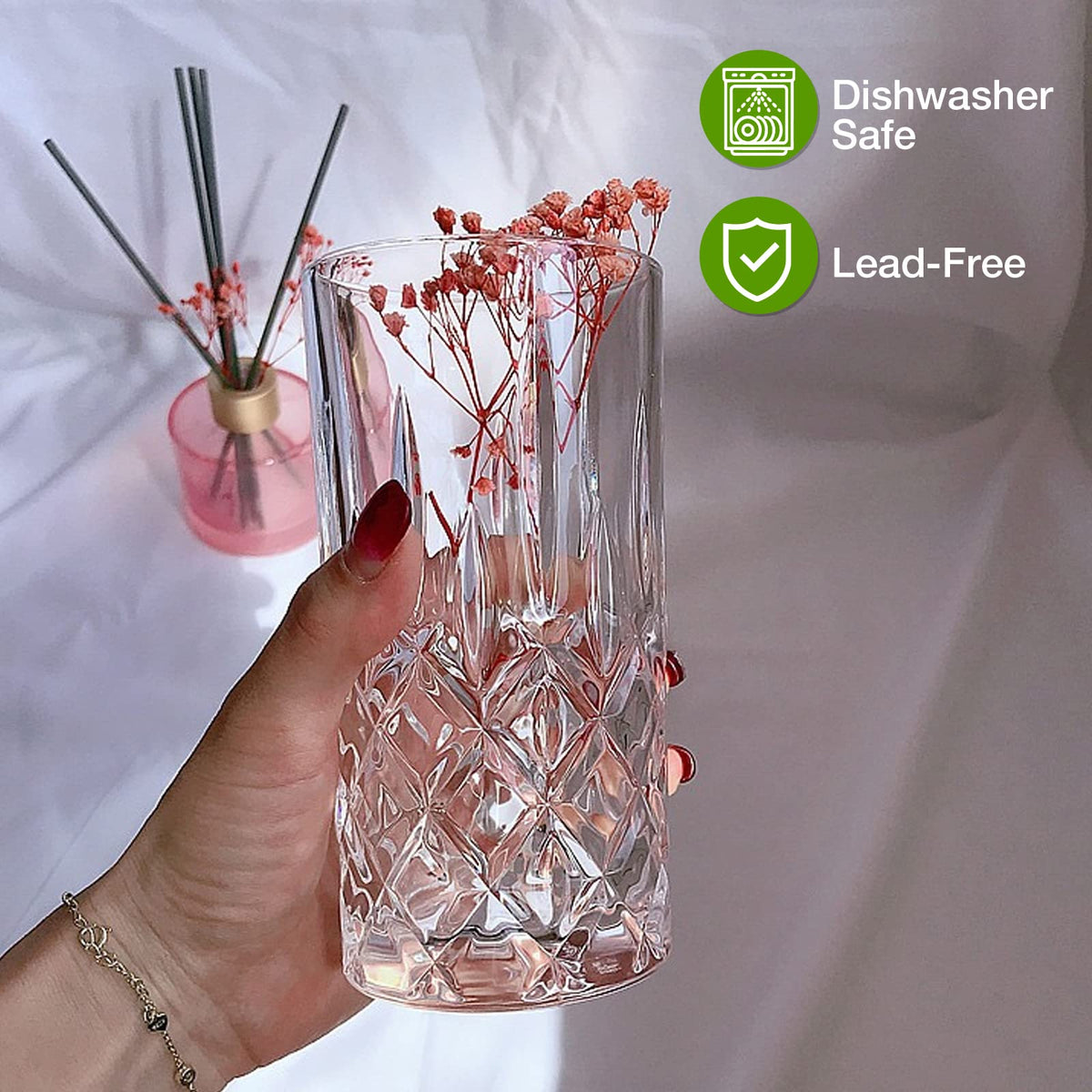 Qipecedm diamond-design glassware adds elegant sparkle to any table.