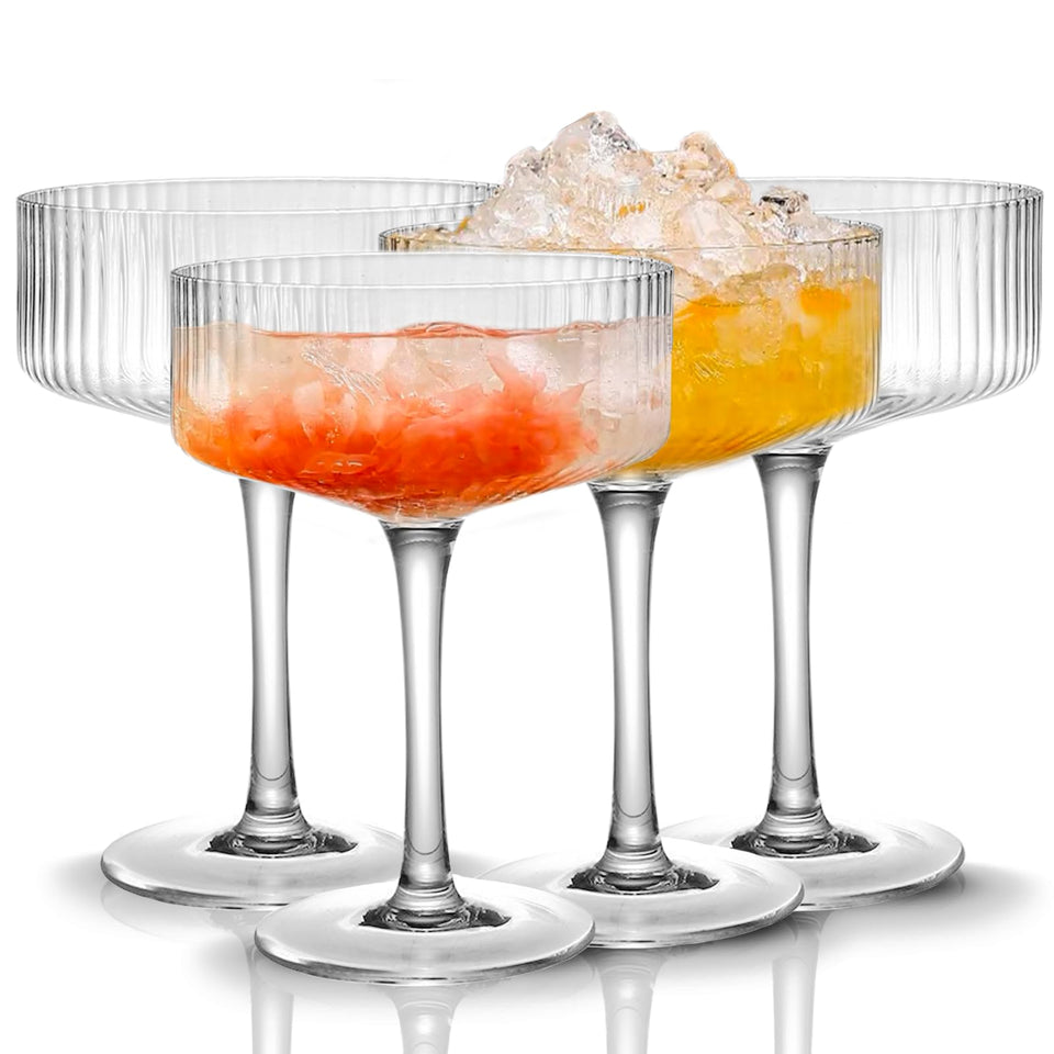 Qipecedm ribbed coupe glasses 10oz displayed for cocktails and wine.