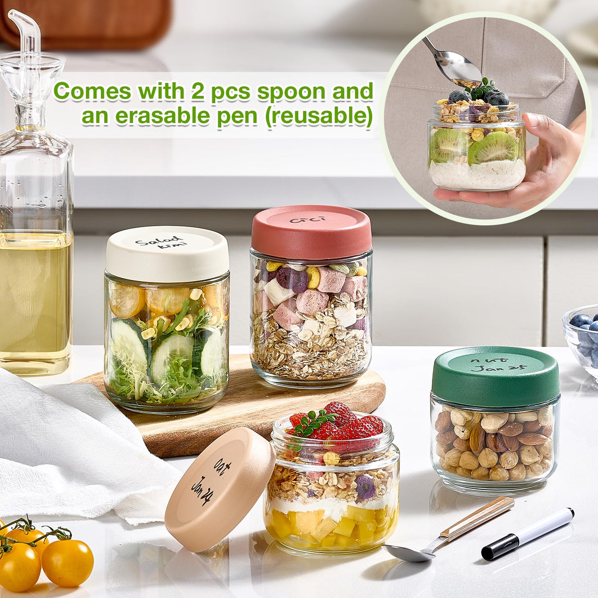 Qipecedm stackable glass jars save pantry and fridge space.