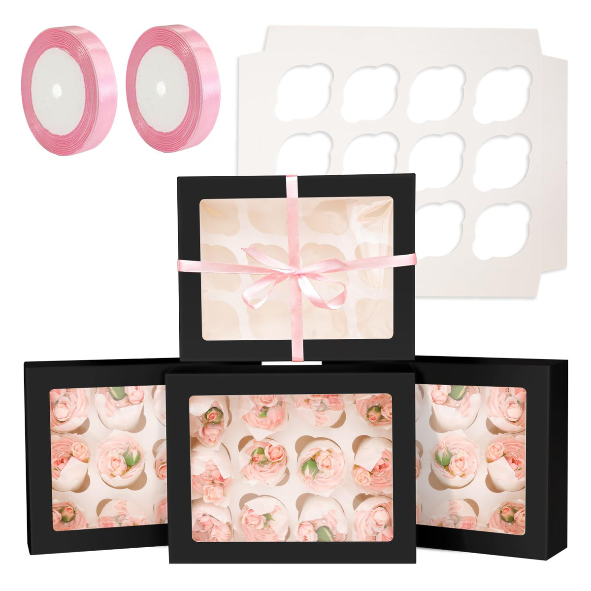 qiqee auto-pop-up cupcake box with window, black, 40-pack, ideal for secure transport