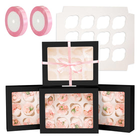 qiqee auto-pop-up cupcake box with window, black, 40-pack, ideal for secure transport