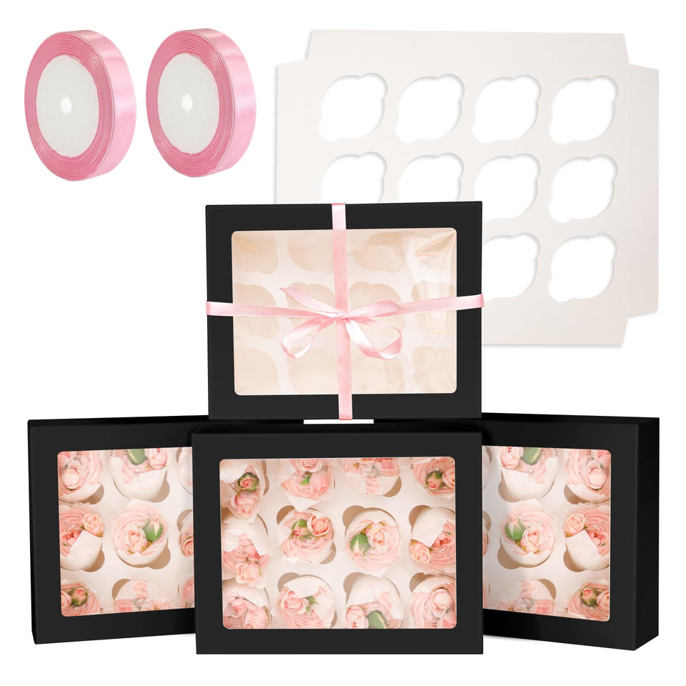 qiqee auto-pop-up cupcake box with window, black, 40-pack, ideal for secure transport
