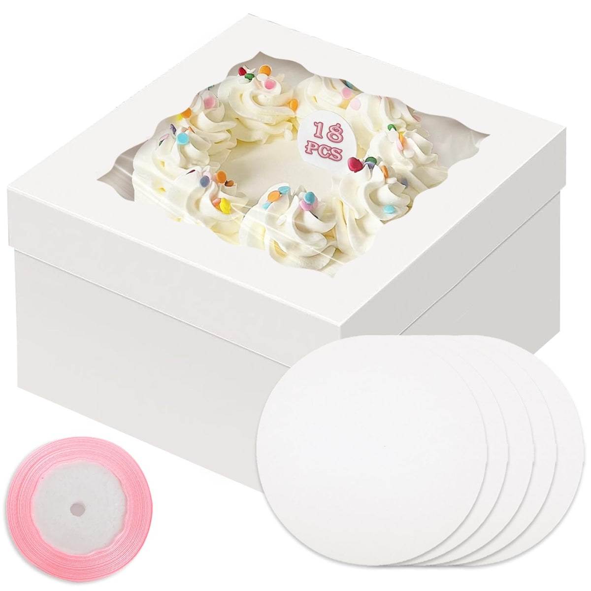 qiqee white 10x10x8 cake box with window showcases desserts for gifting.