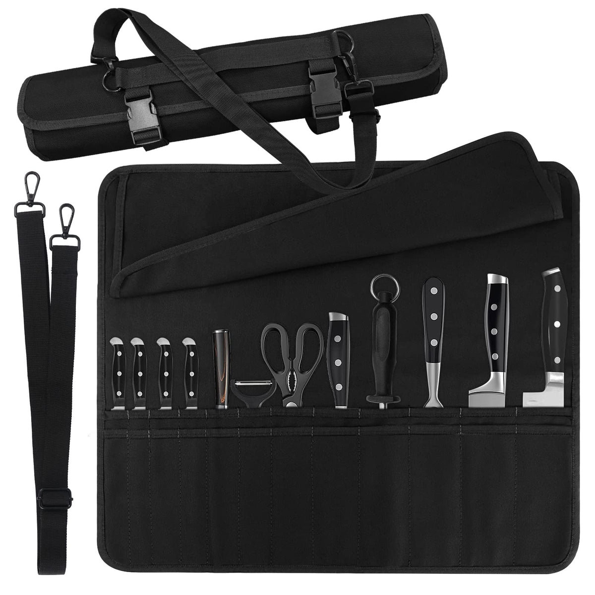 QIQU Chef Knife Bag open view highlights 24 pockets for organized travel