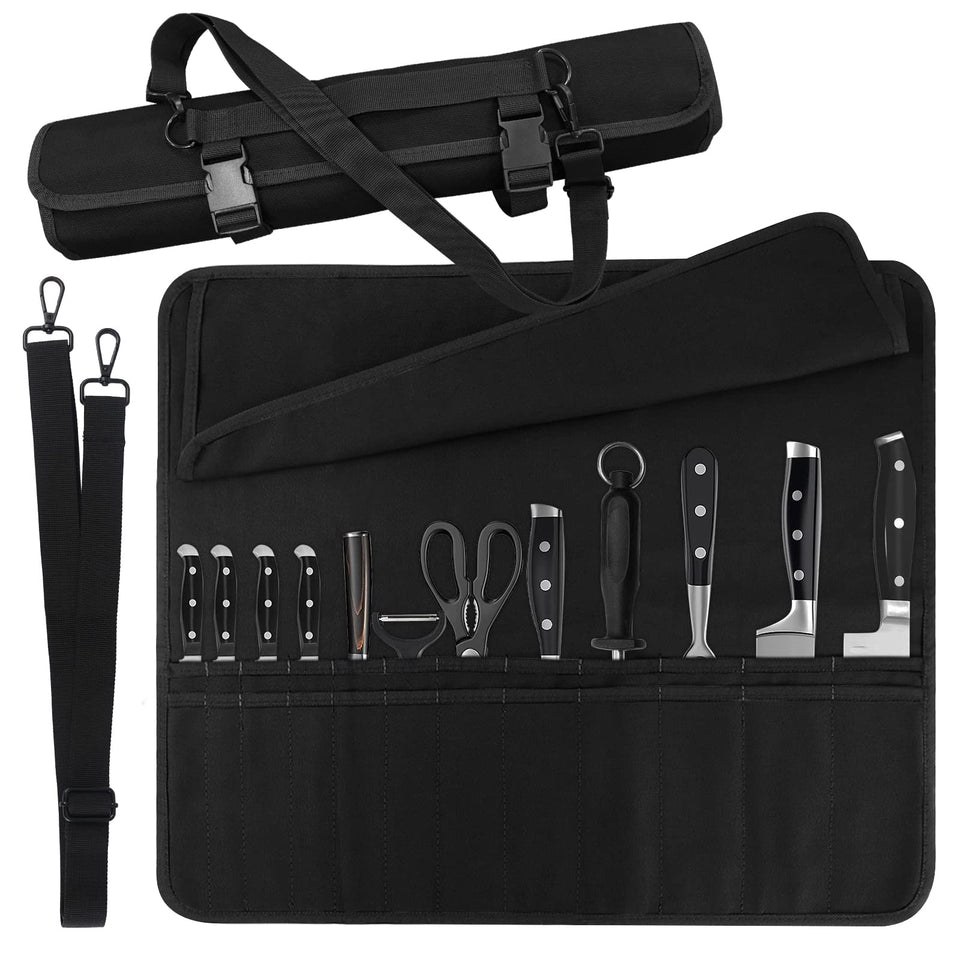QIQU Chef Knife Bag open view highlights 24 pockets for organized travel