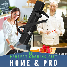 QIQU Chef Knife Bag rolled with adjustable strap ready for camping or kitchen use